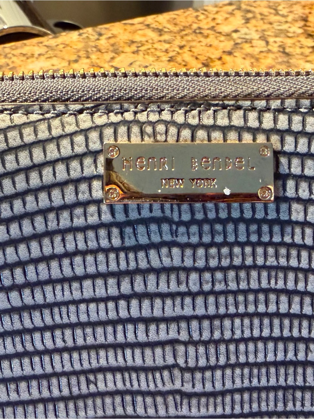 Henri Bendel Light Blue Textured Zip Pouch with Gold Plaque